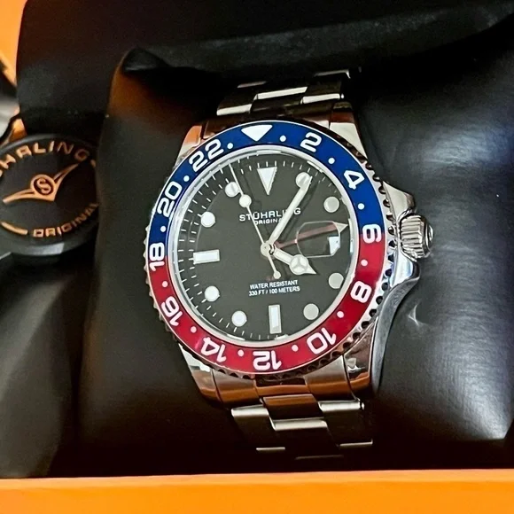 Stuhrling Aquadiver Date GMT “Pepsi” Dive Sport Luxury Watch - Picture 3 of 6